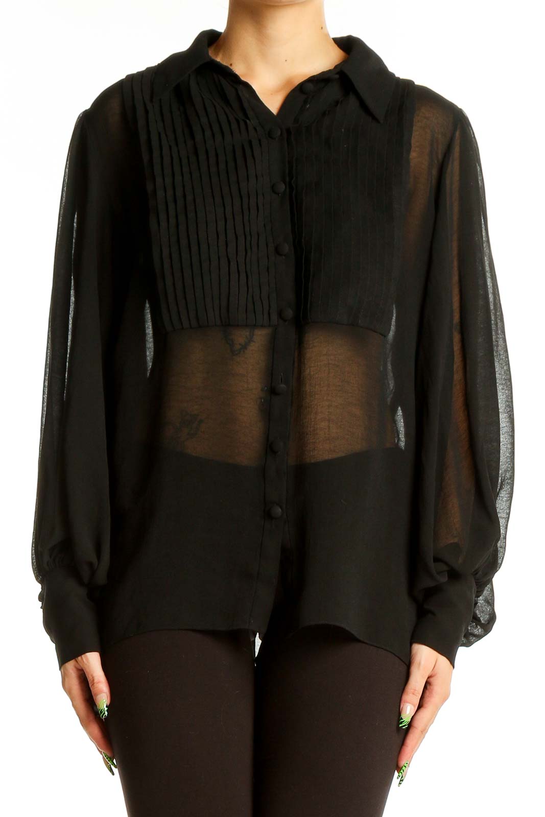 Black Sheer Pleated Button-Up Blouse Front