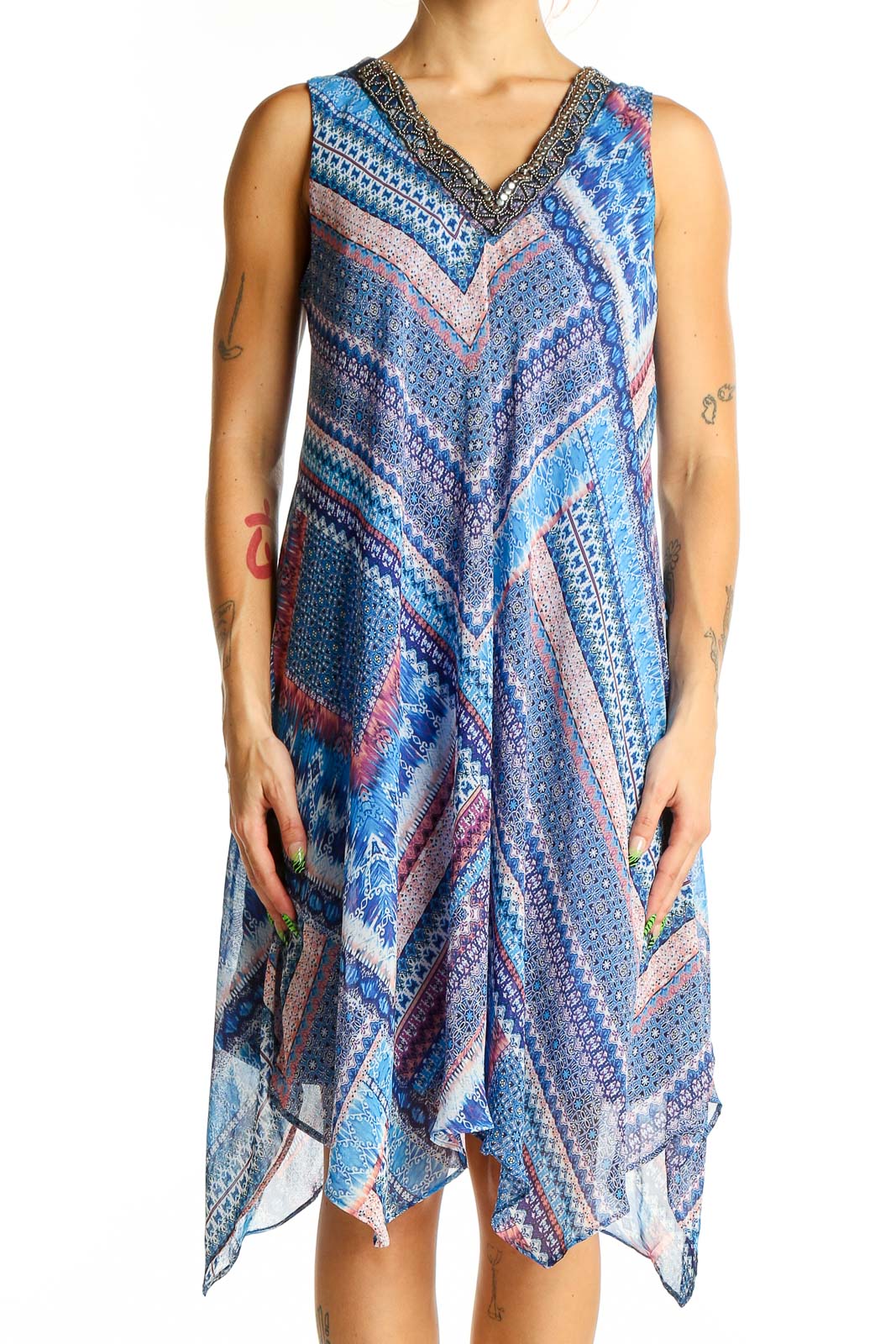 Blue Multicolor Patterned Sleeveless Dress Front