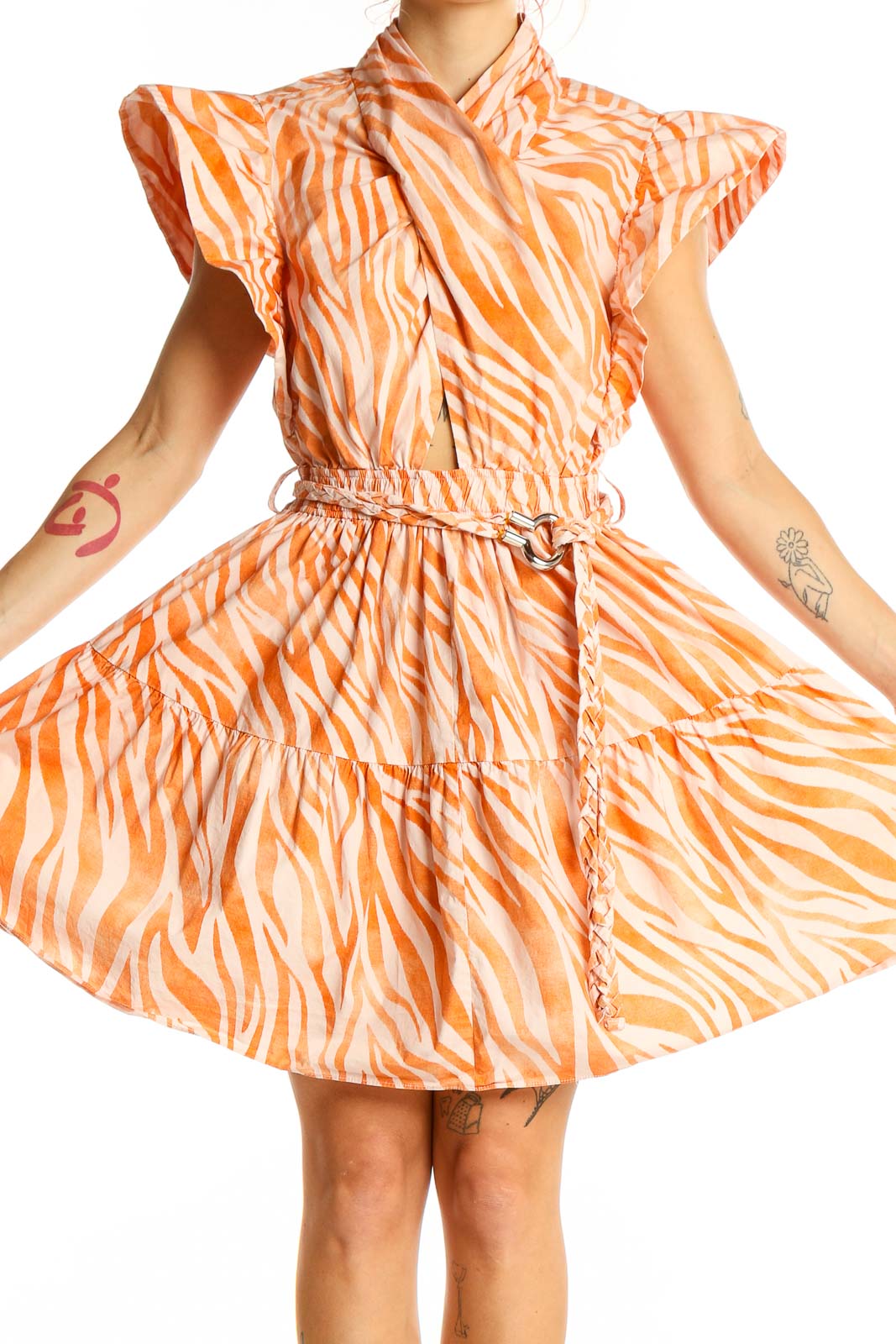 Orange Zebra Print Cotton Mini Dress Front