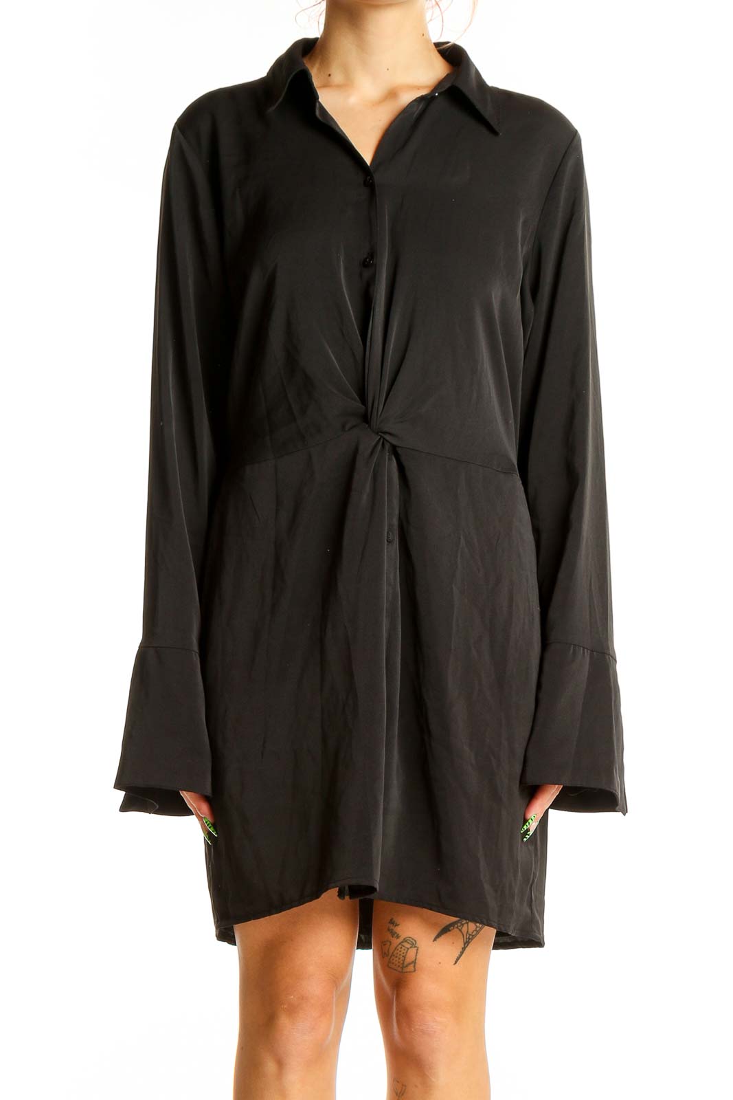 Black Twist-Front Button-Up Shirt Dress Front