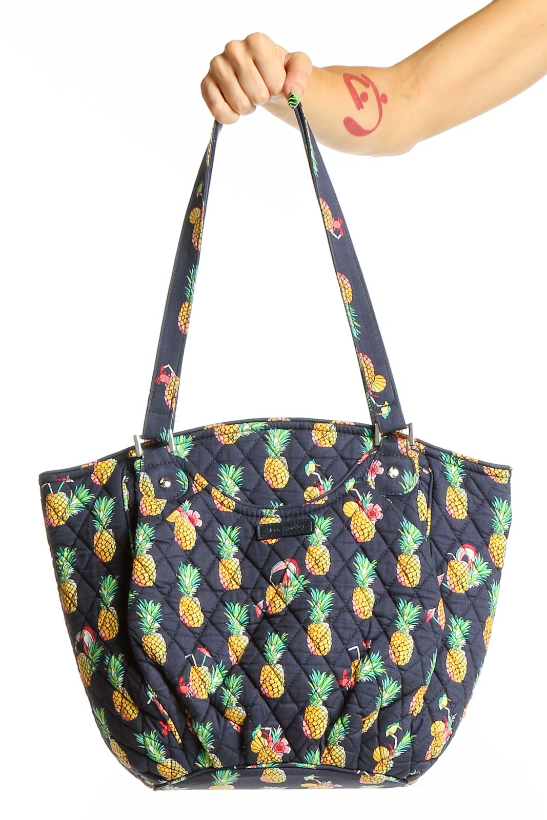 Navy Pineapple Print Quilted Tote Bag Front
