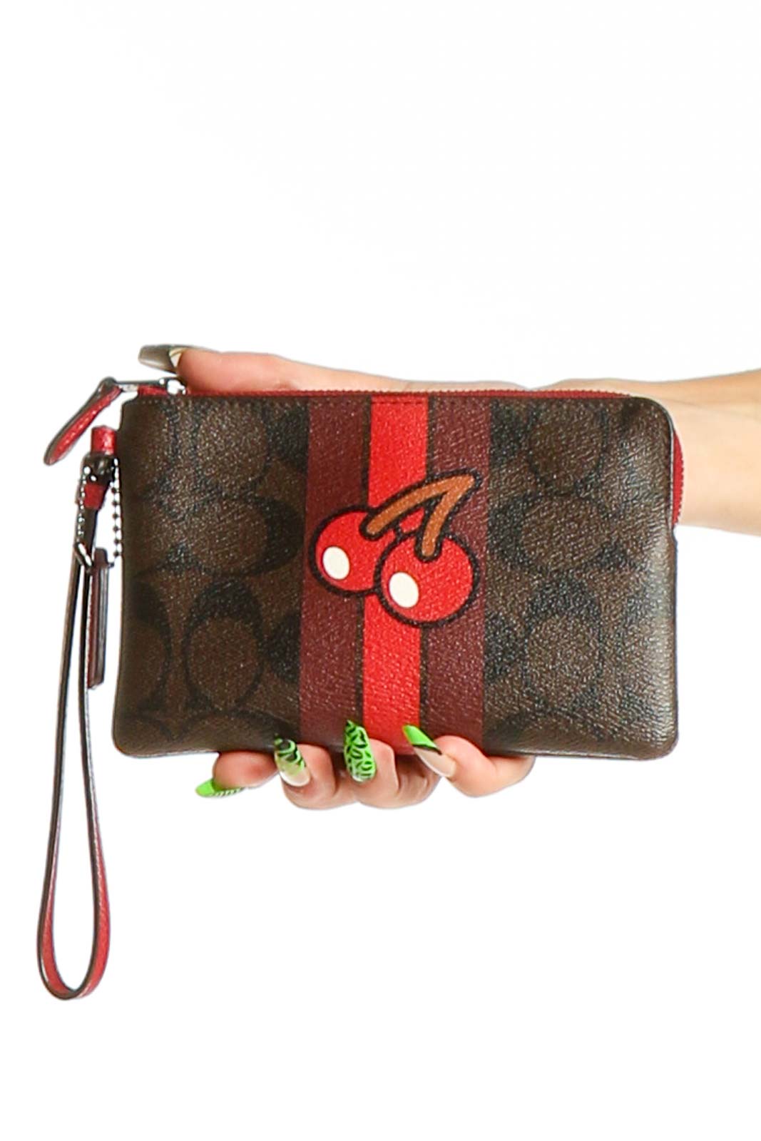 Brown Cherry Print Wristlet Clutch Front