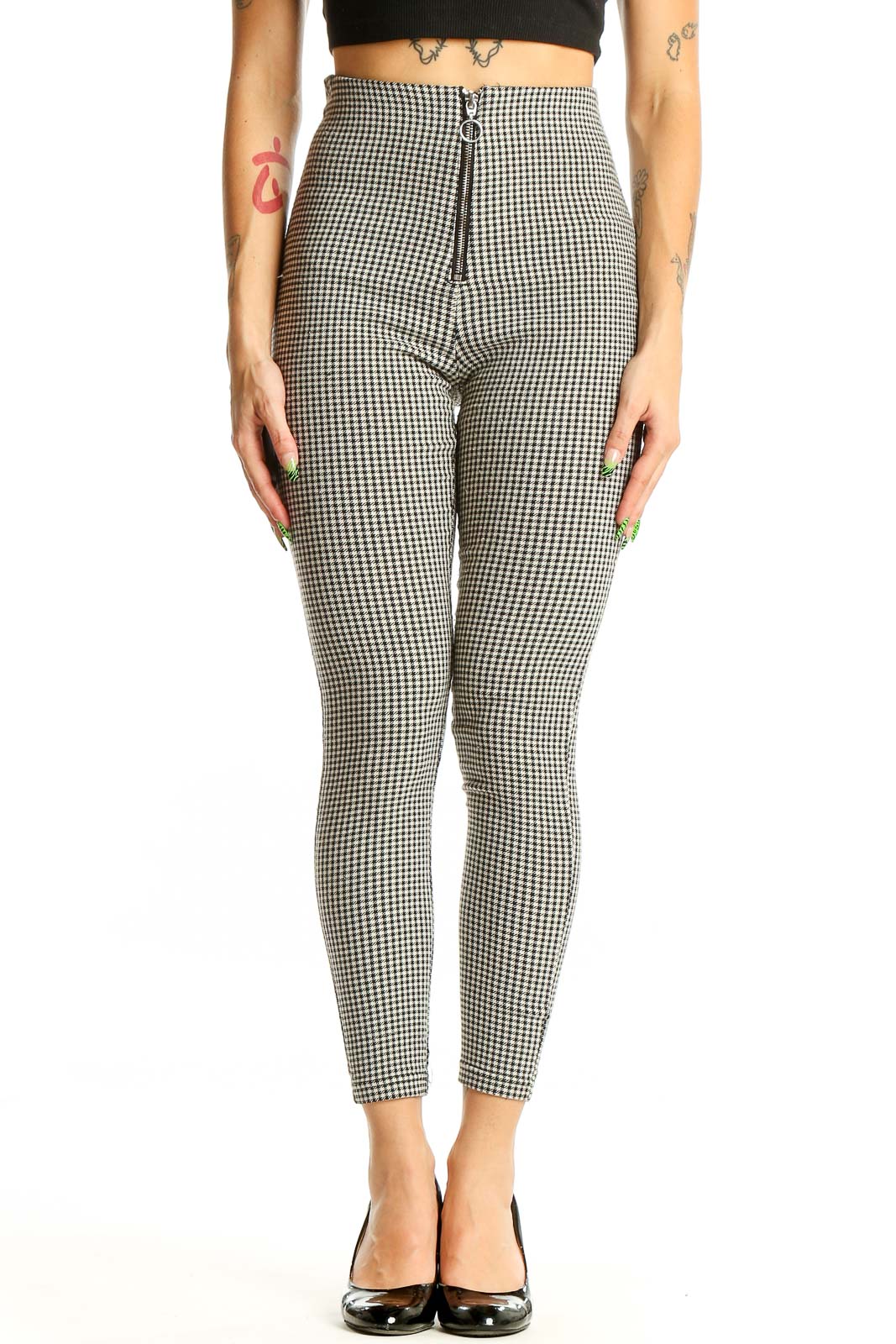 Black and White Gingham High-Waisted Pants Front