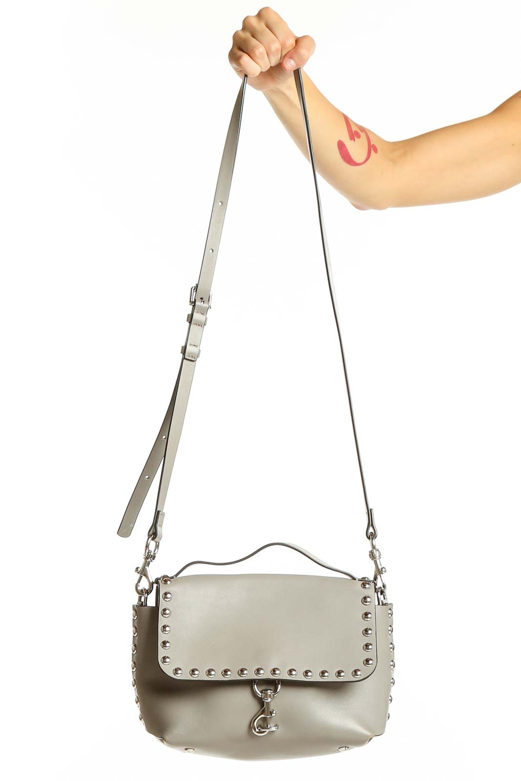 Gray Studded Leather Crossbody Bag Front