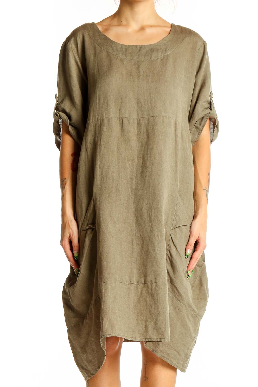 Olive Relaxed Fit Linen-Cotton Dress Front