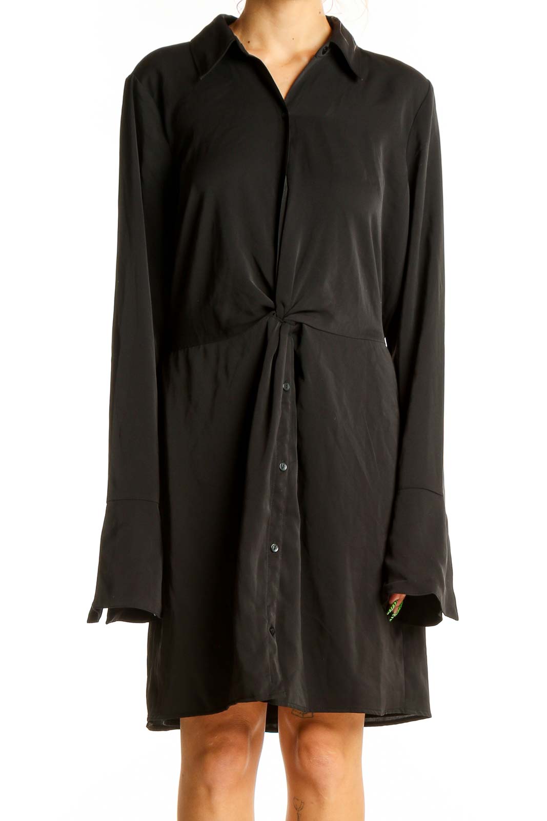 Black Twist-Front Button-Down Shirt Dress Front