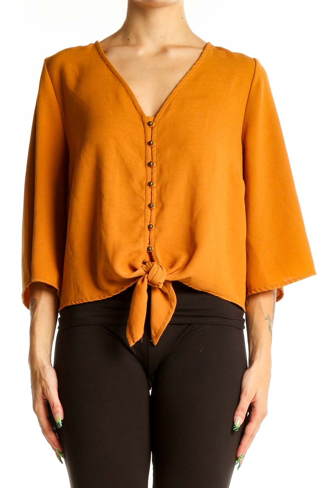 Mustard Button-Front Tie-Waist Blouse Front