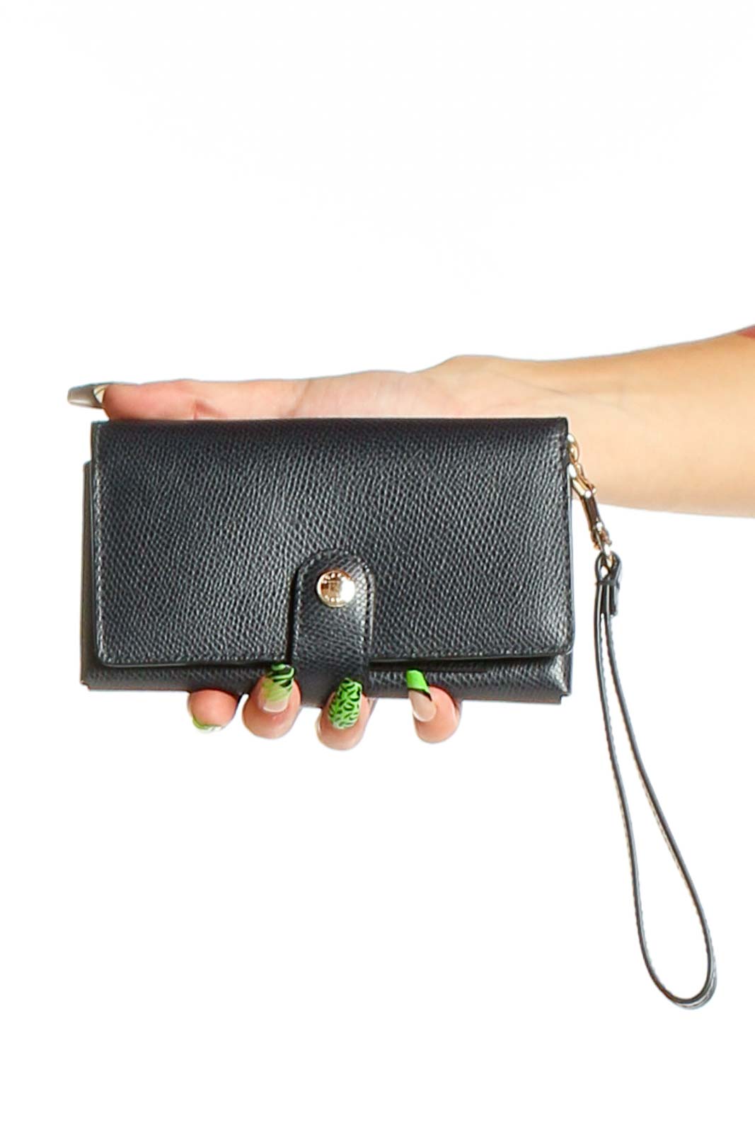 Black Leather Compact Clutch Wallet Front