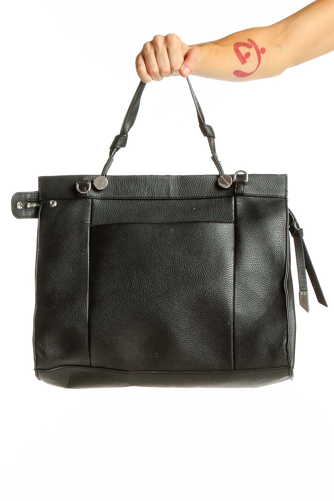 Black Leather Satchel Handbag Front