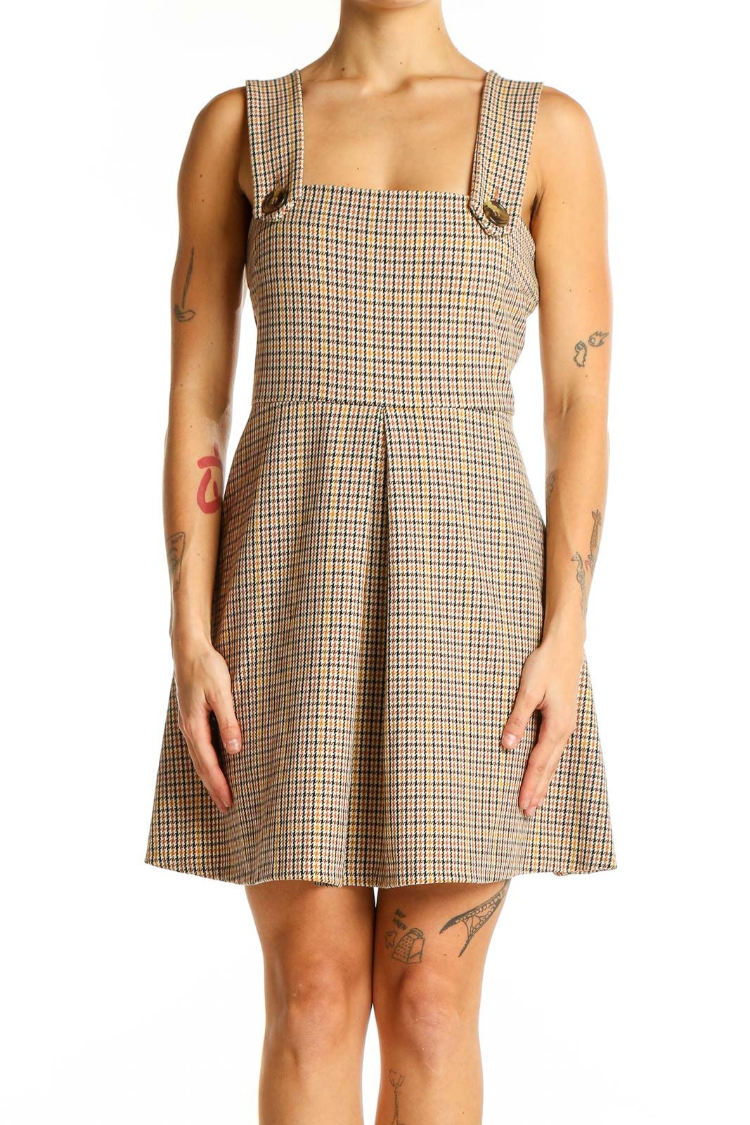 Beige Plaid Sleeveless Mini Dress Front