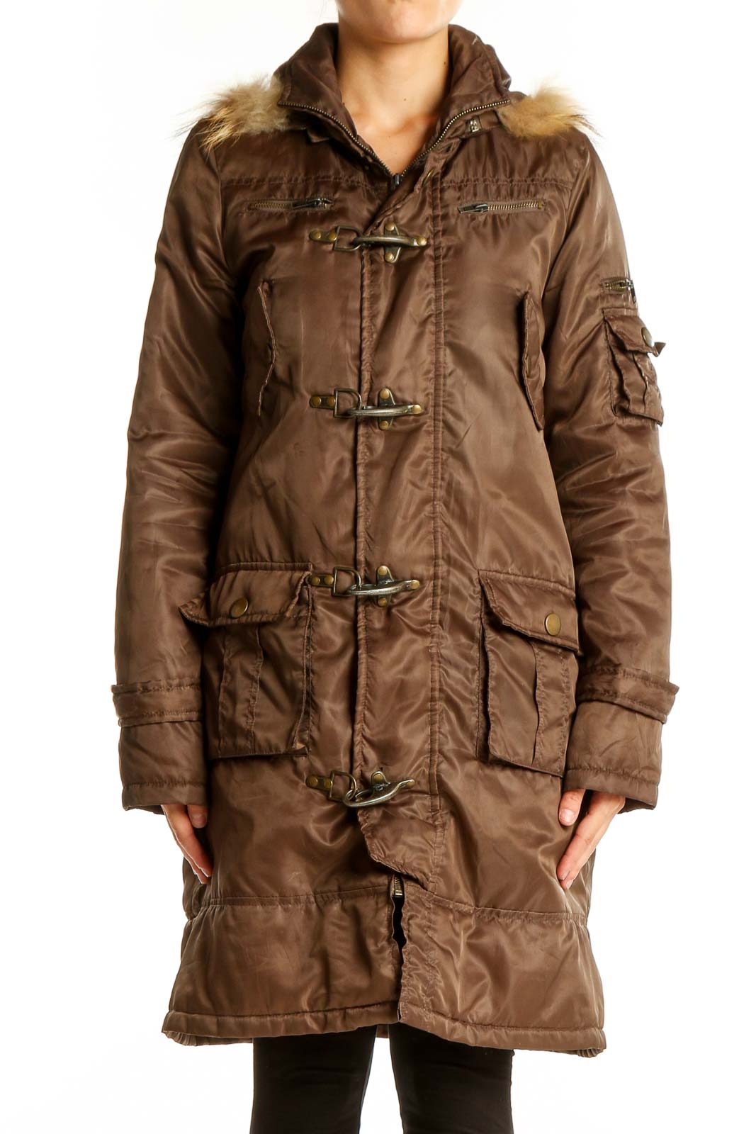 Brown Fur-Trimmed Toggle Coat Front