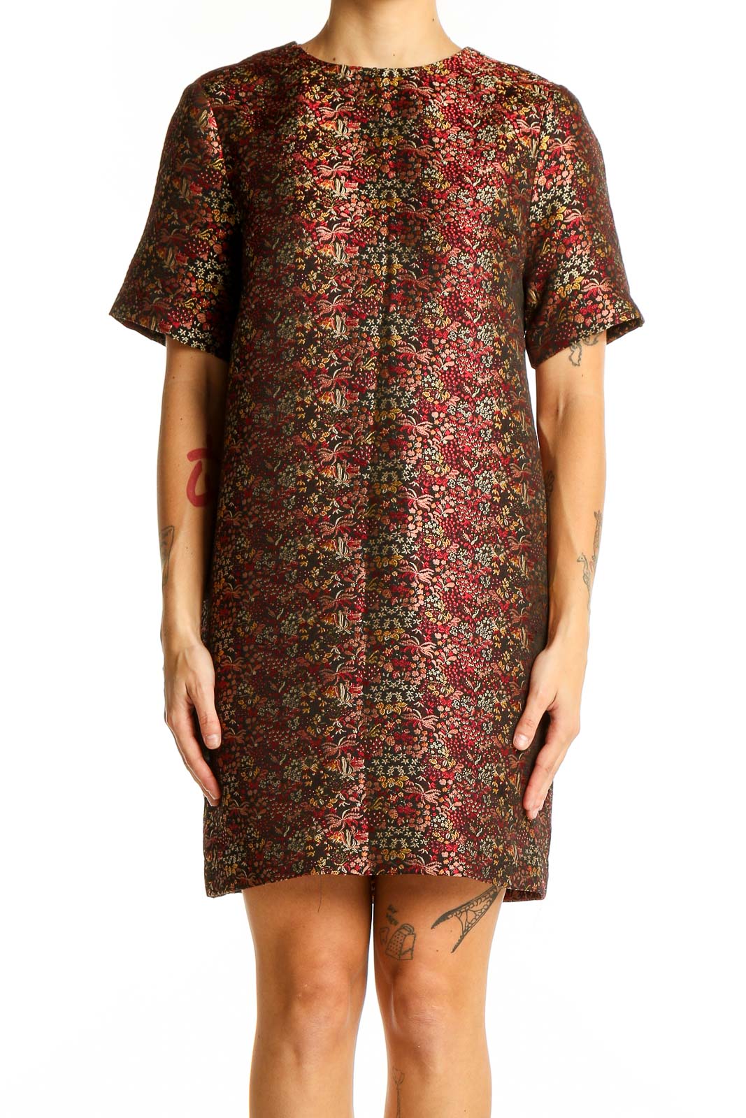Burgundy Floral Print Short Sleeve Dress Front
