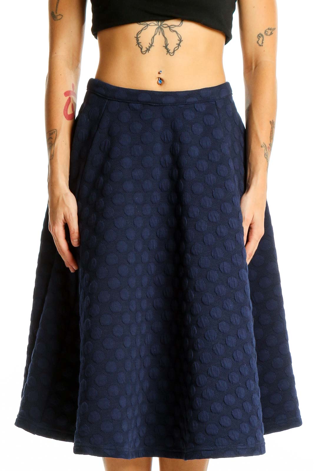 Navy Polka Dot A-Line Midi Skirt Front