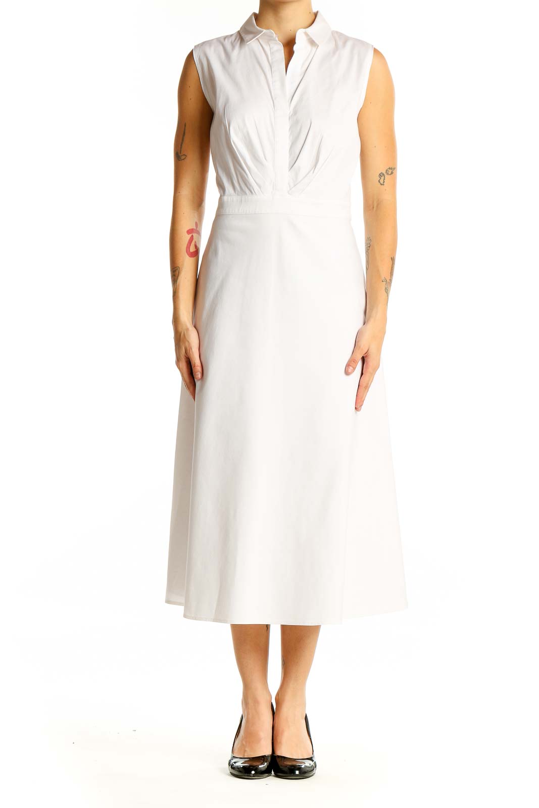 White Sleeveless Cotton Blend Midi Dress Front