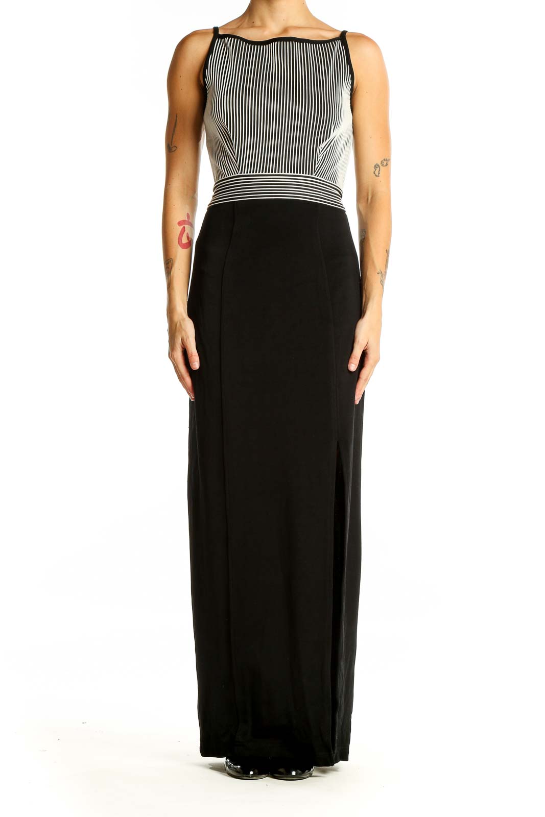 Black and White Striped Maxi Dress Front