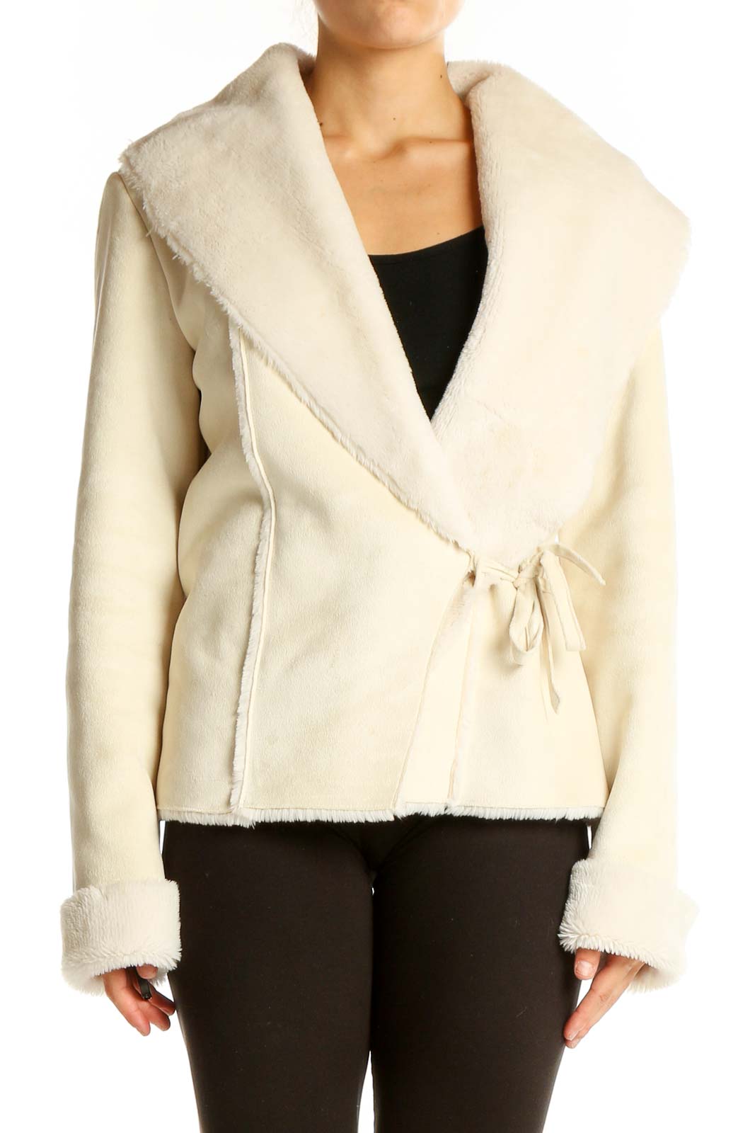 Cream Faux Fur Collar Wrap Jacket Front