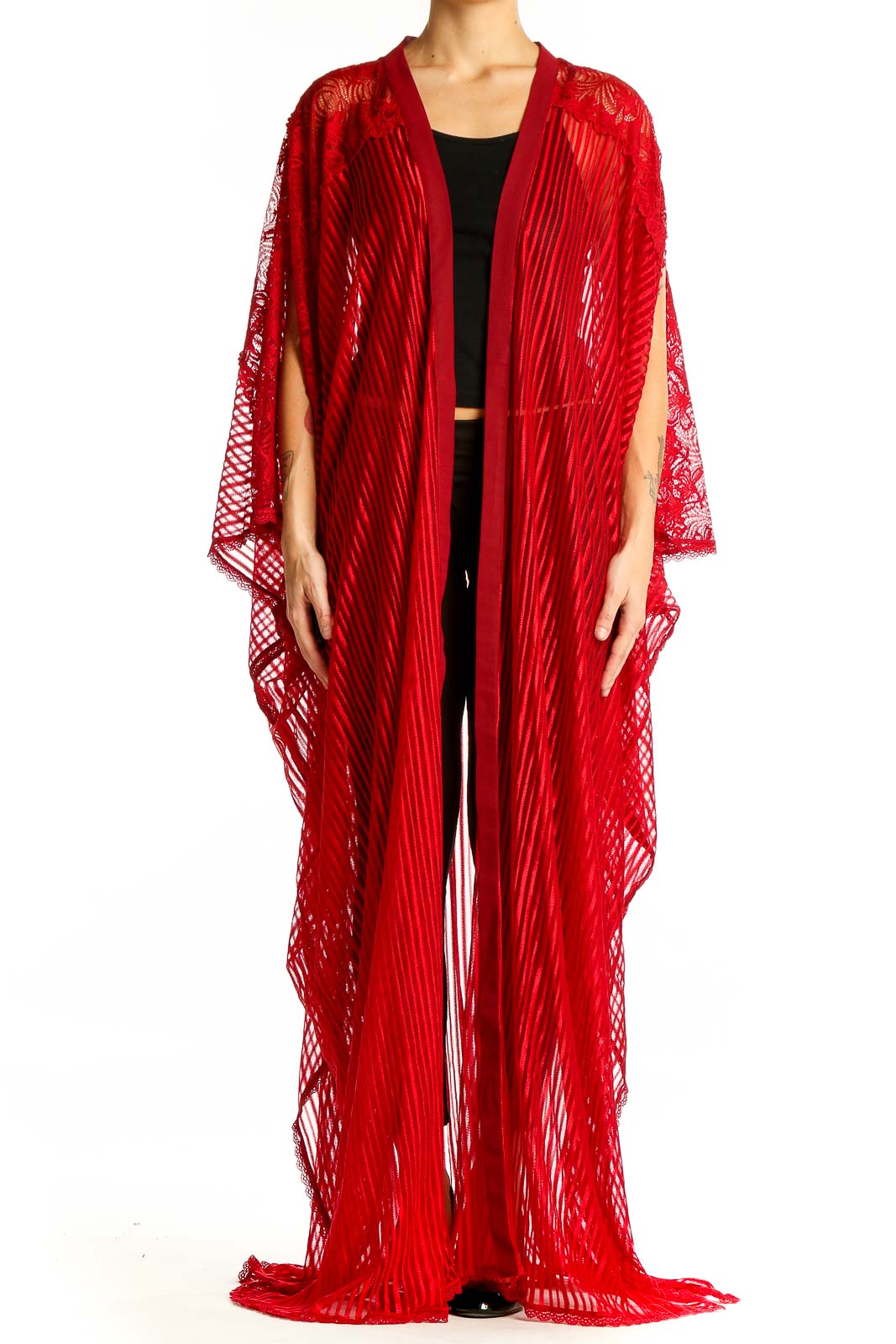 Red Lace Floral Maxi Robe Front