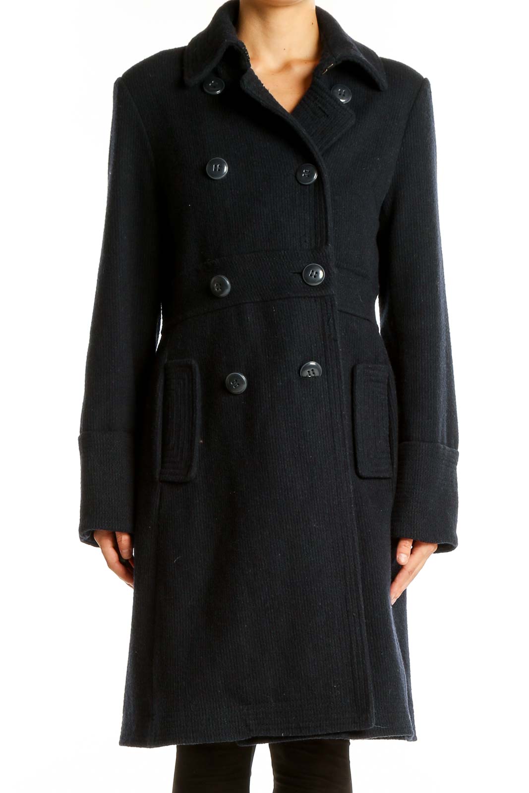 Black Double-Breasted Wool Blend Coat Front