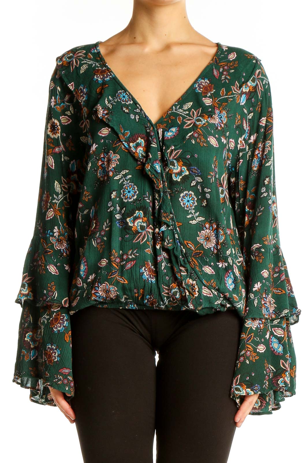 Green Floral Bell Sleeve Wrap Top Front