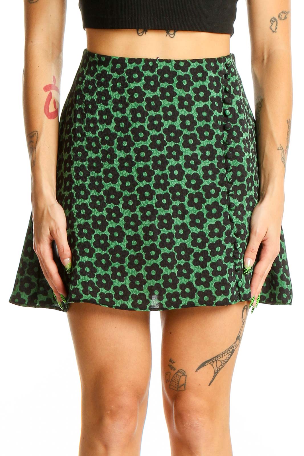 Green Floral Print Mini Skirt Front