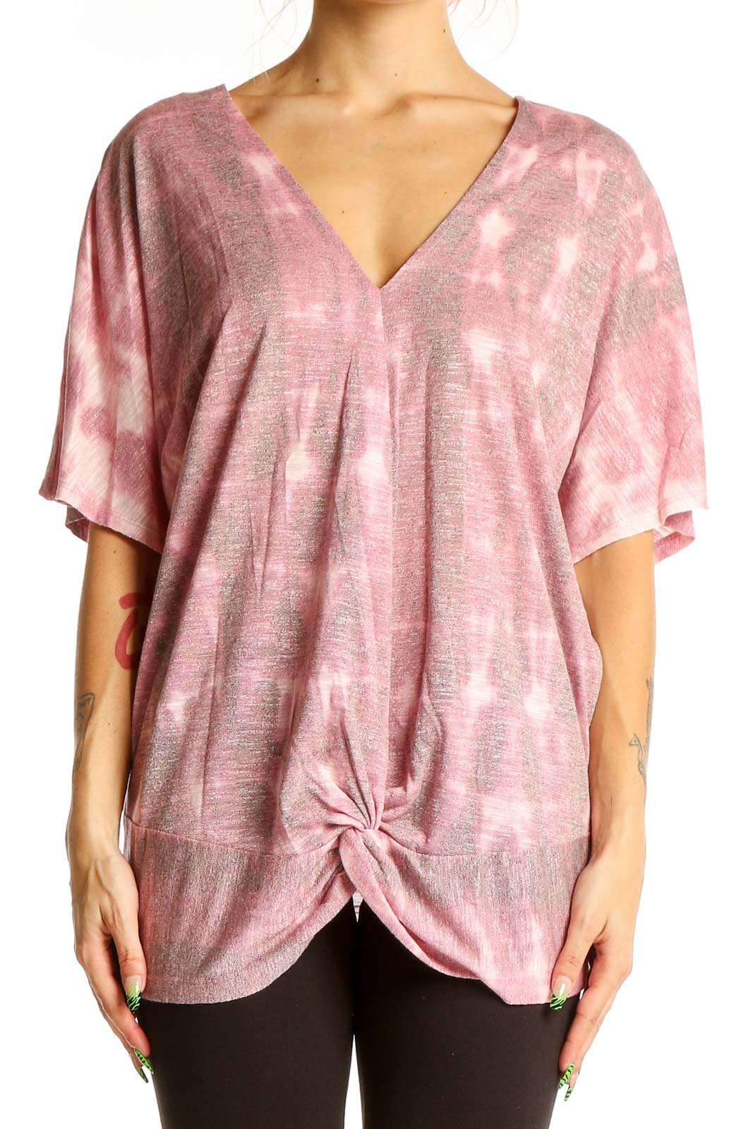 Pink Tie-Dye V-Neck Oversized Top Front