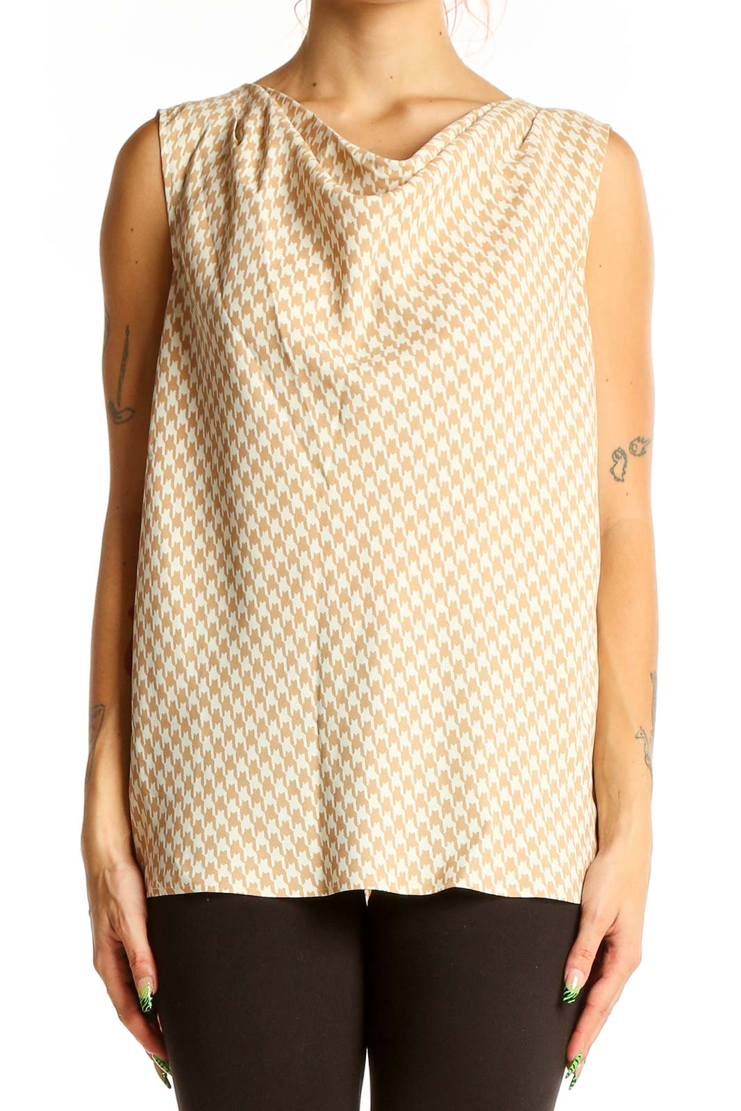Beige Houndstooth Sleeveless Blouse Front