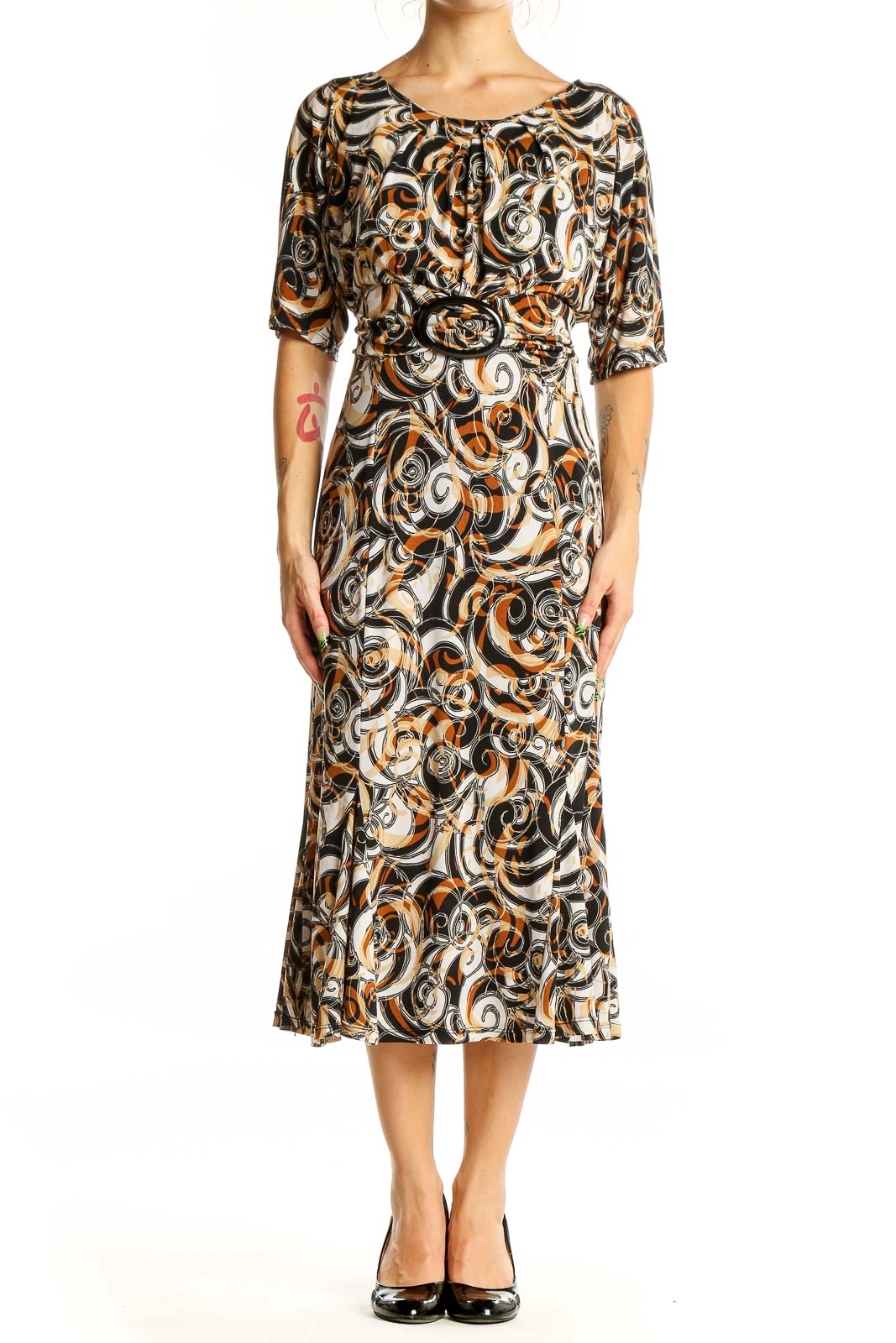 Black and Orange Swirl Print Midi Dress Front