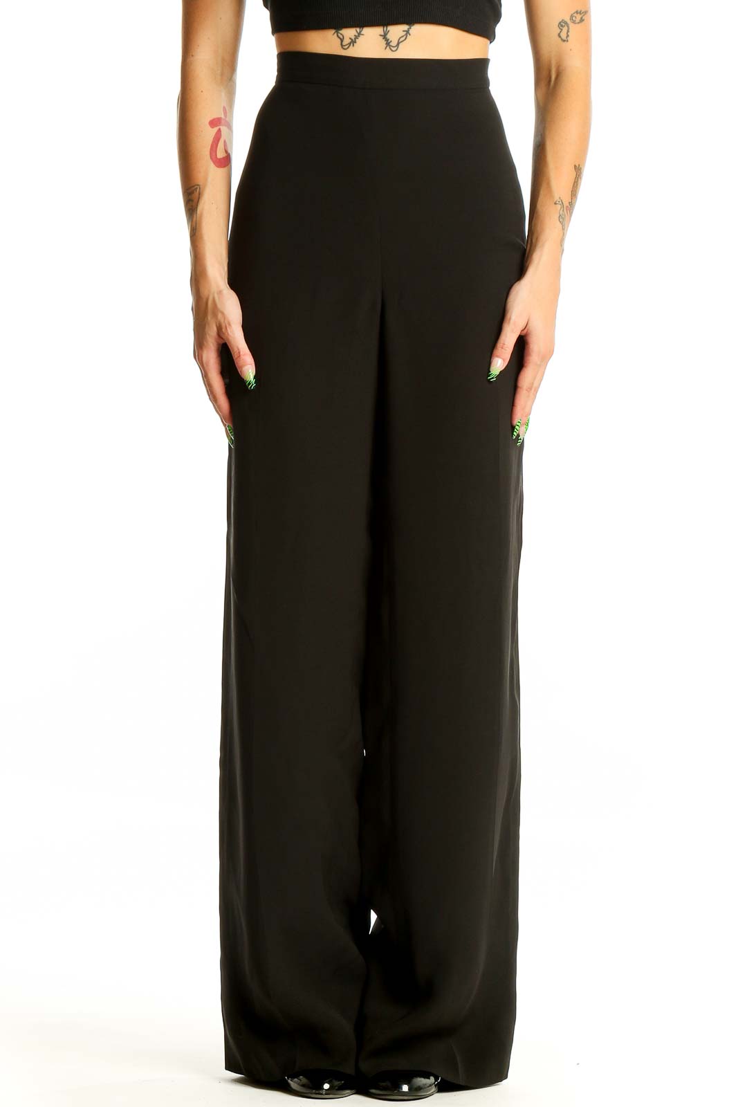 Black Wide-Leg Silk Blend Trousers Front