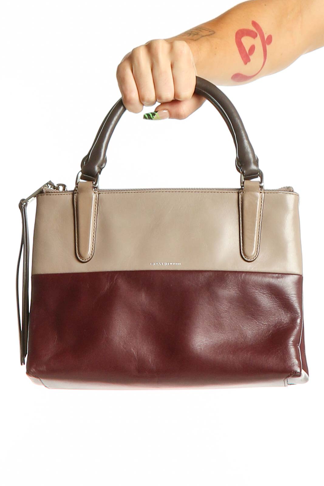Tan and Burgundy Leather Satchel Front