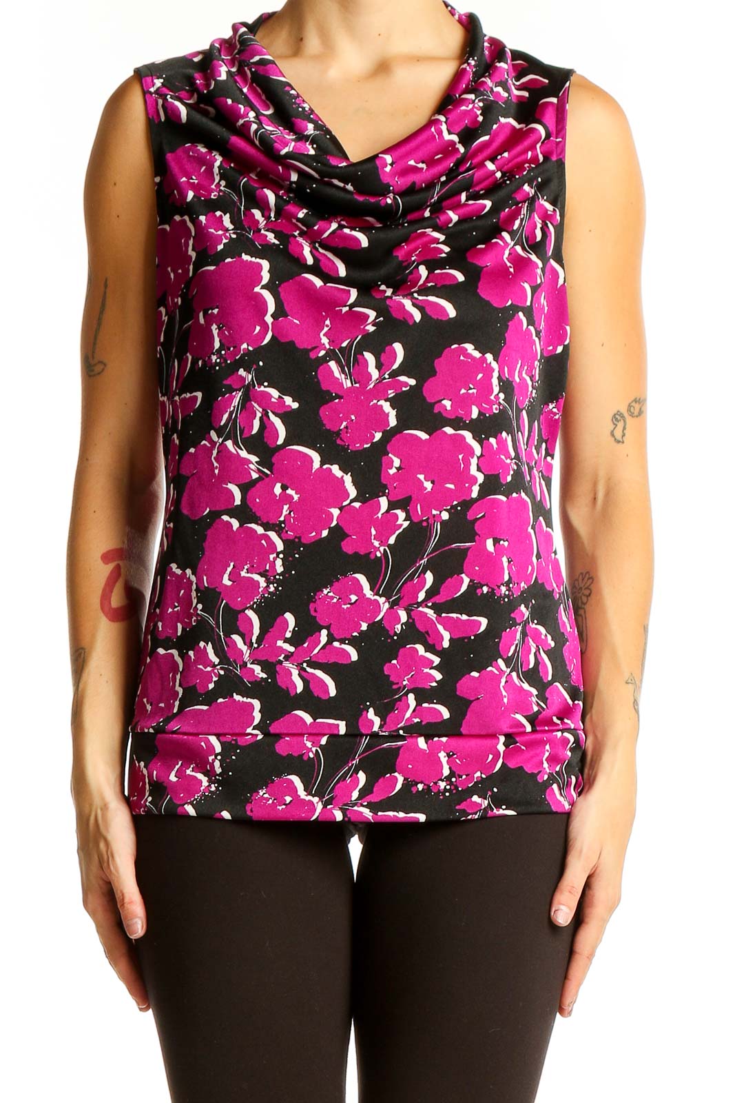 Pink Floral Sleeveless Cowl Neck Top Front