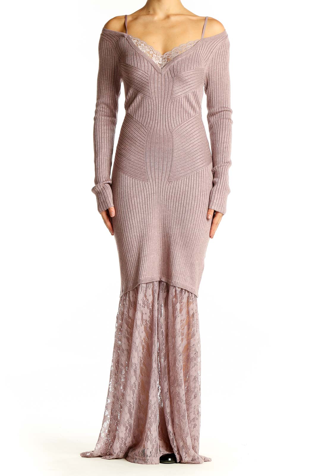 Blush Ribbed Off-Shoulder Maxi Dress Front
