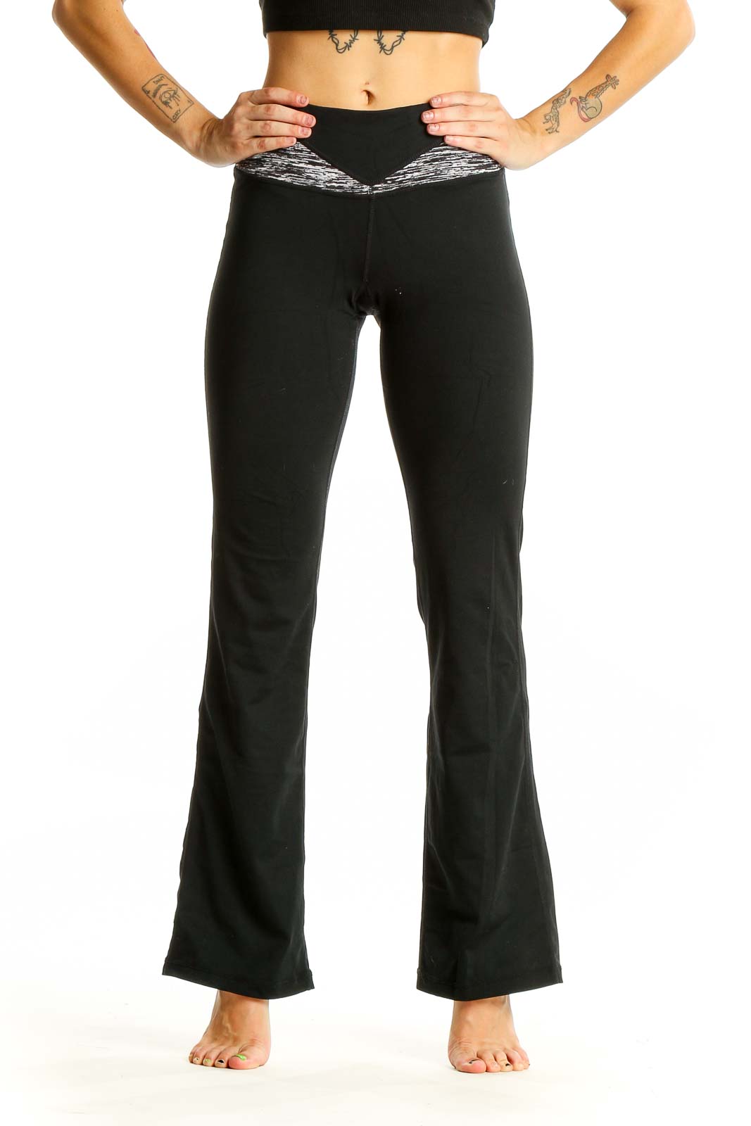 Black Flared Yoga Pants with Heathered Waistband Front