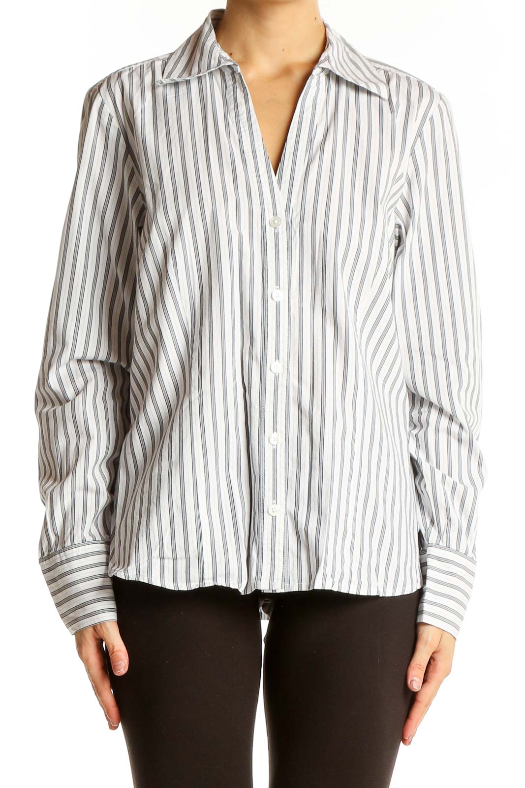 White and Gray Striped Button-Up Shirt Front