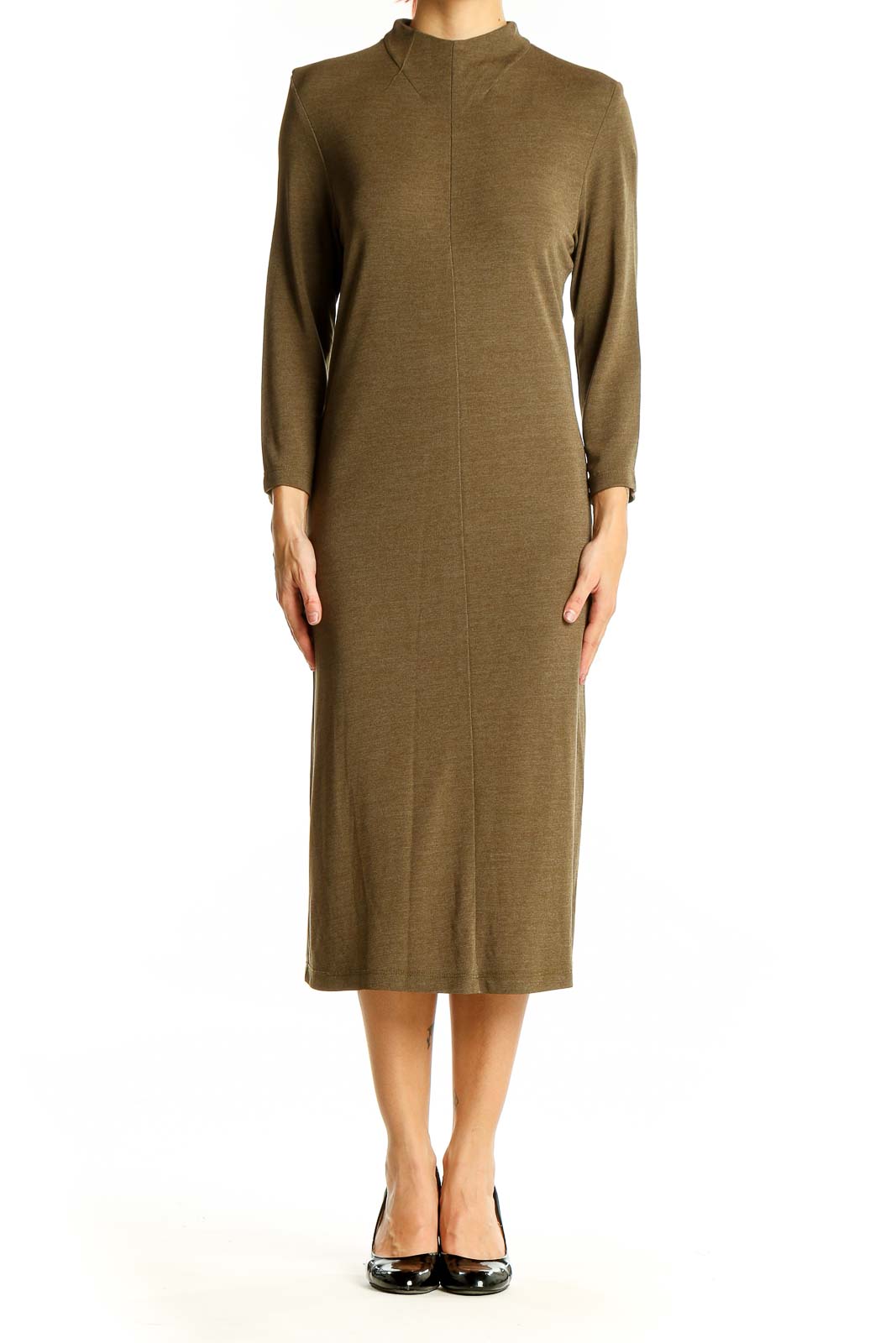 Olive Mock Neck Midi Dress Front