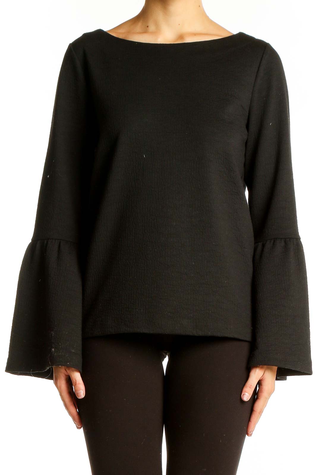 Black Bell Sleeve Boat Neck Top Front