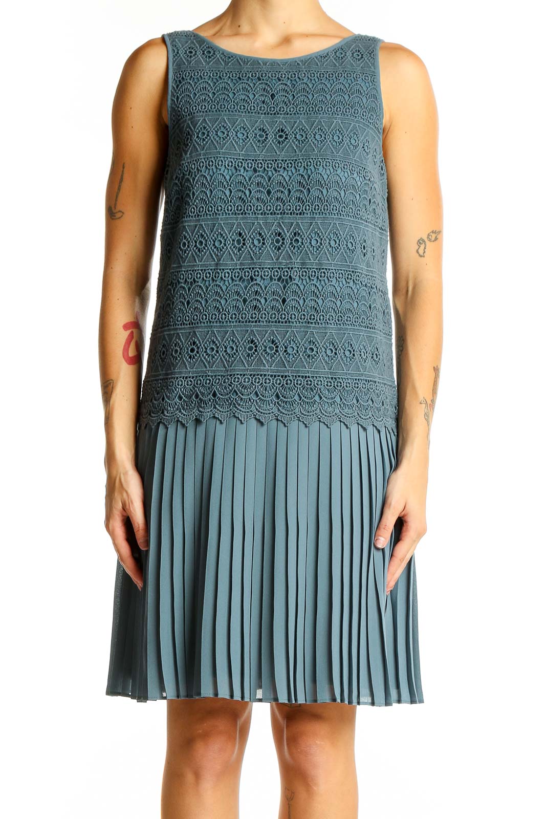 Teal Lace Pleated Cocktail Dress Front