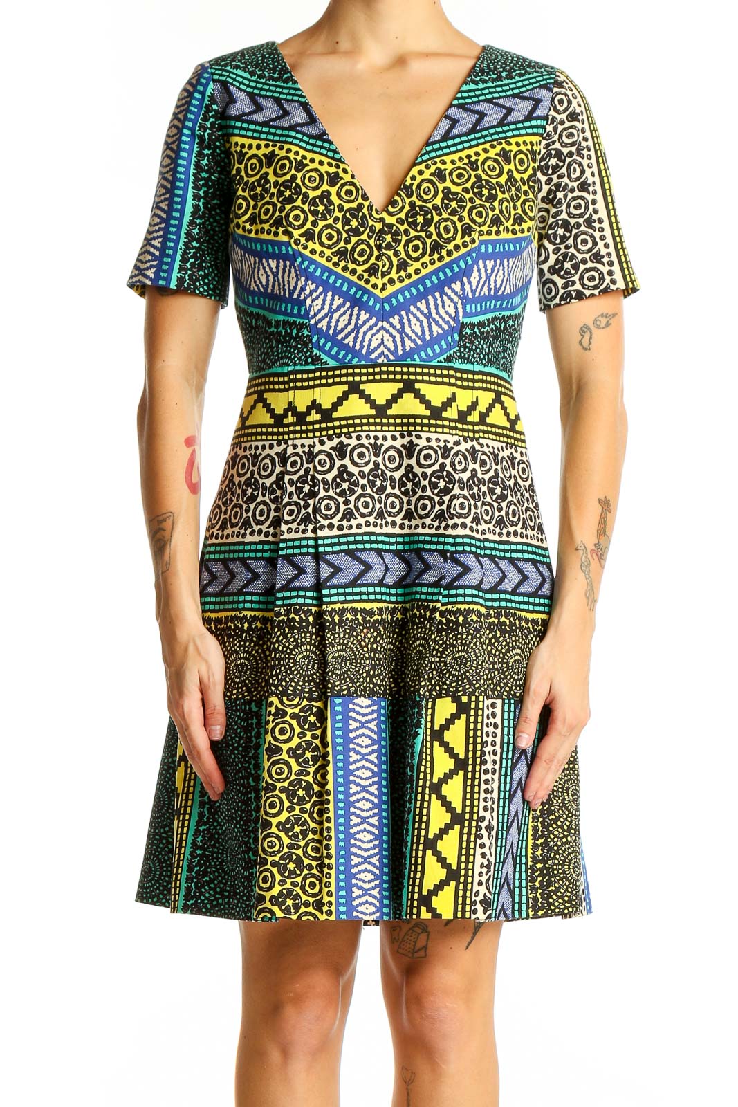 Multicolor Geometric Print V-Neck Dress Front