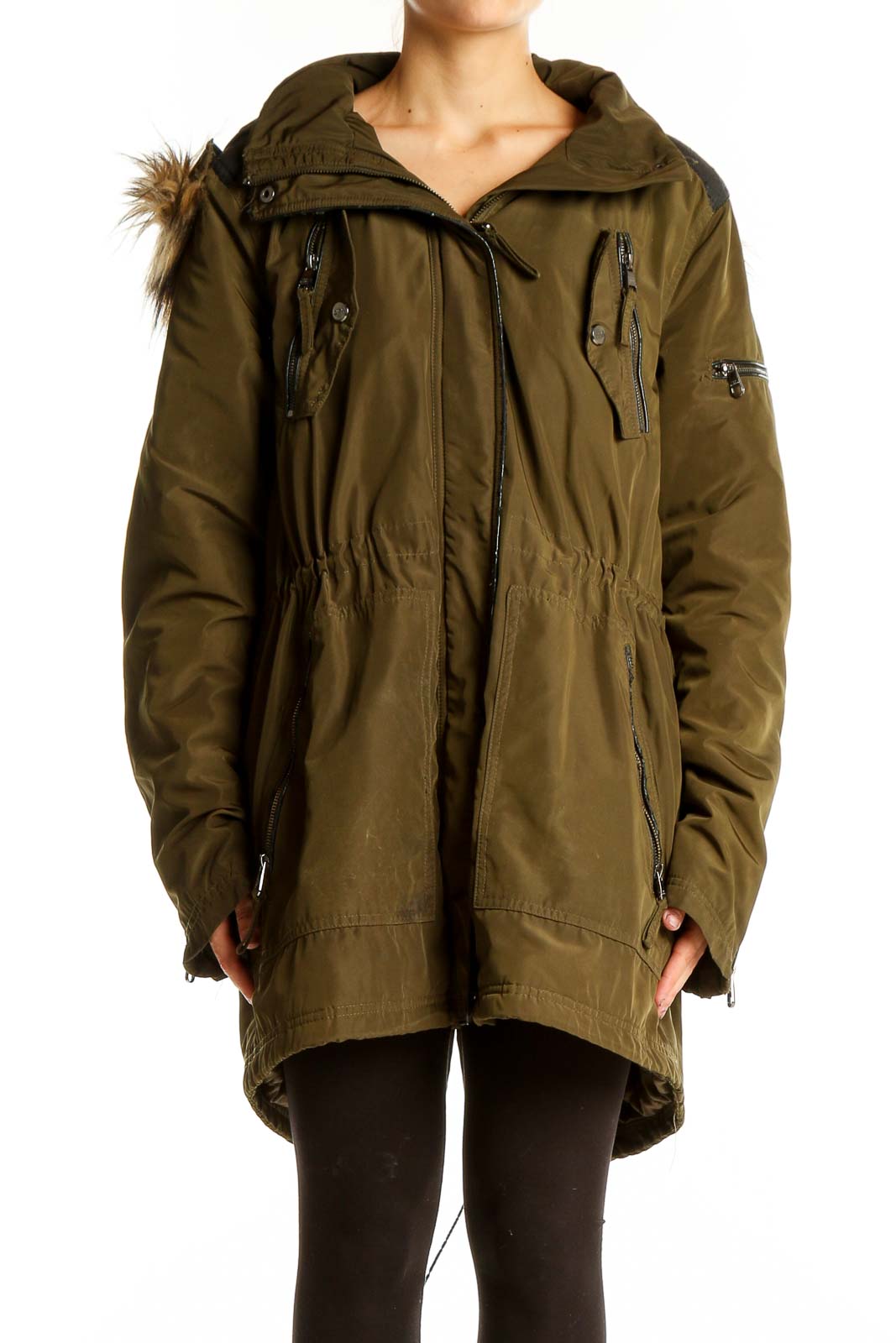 Olive Green Faux Fur Hooded Parka Jacket Front
