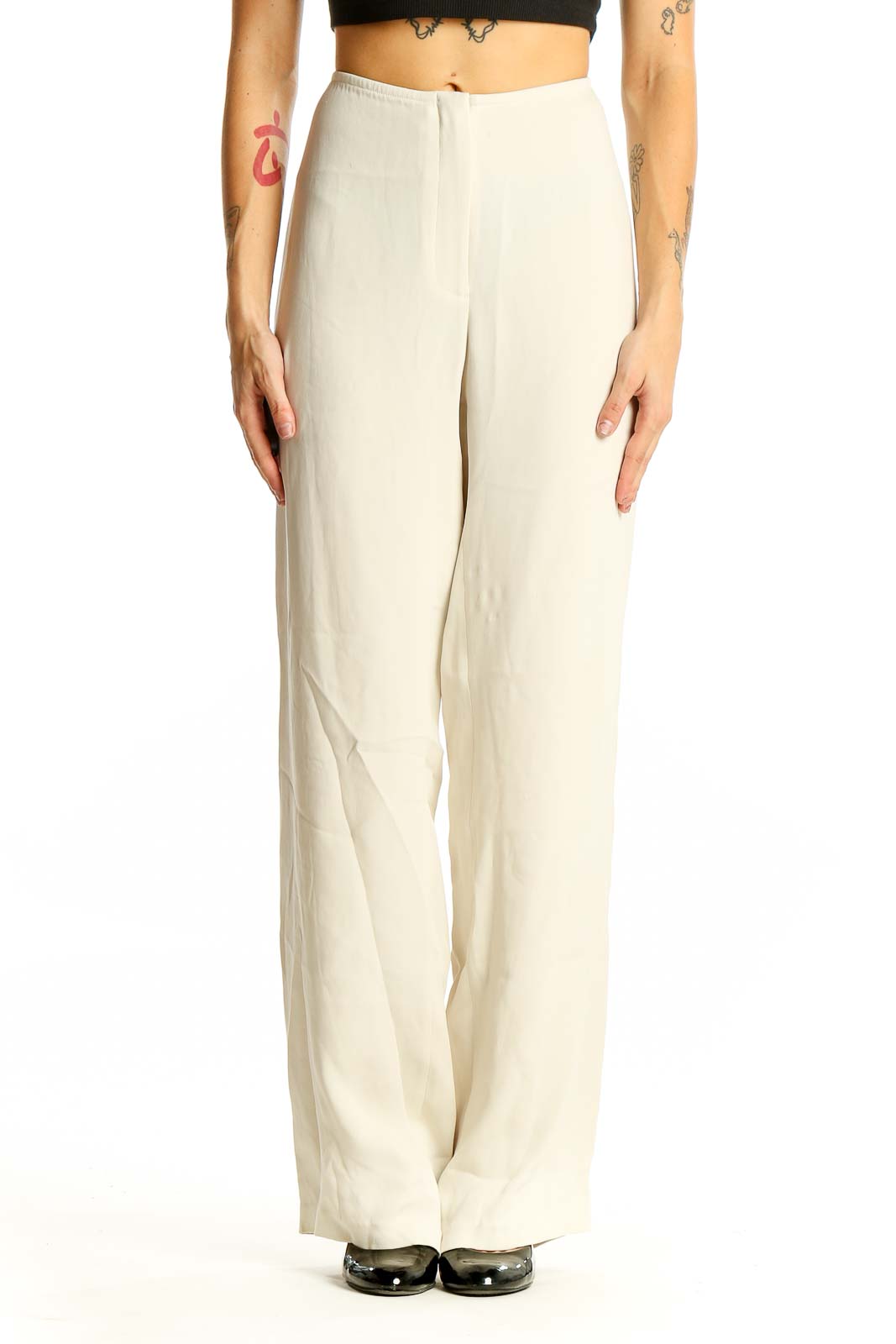 Cream Wide-Leg Flowy Pants Front