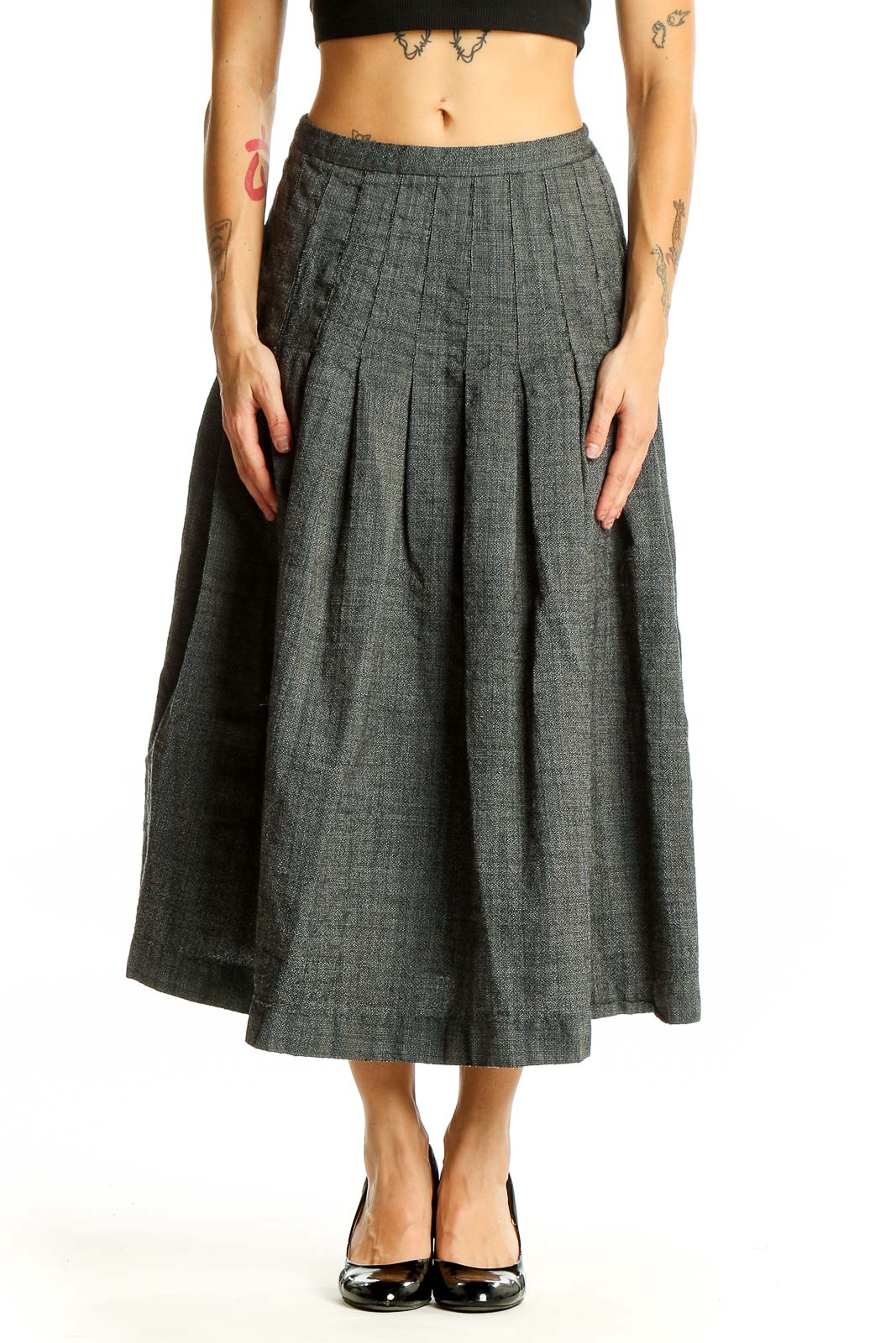 Gray Pleated Midi Skirt Front