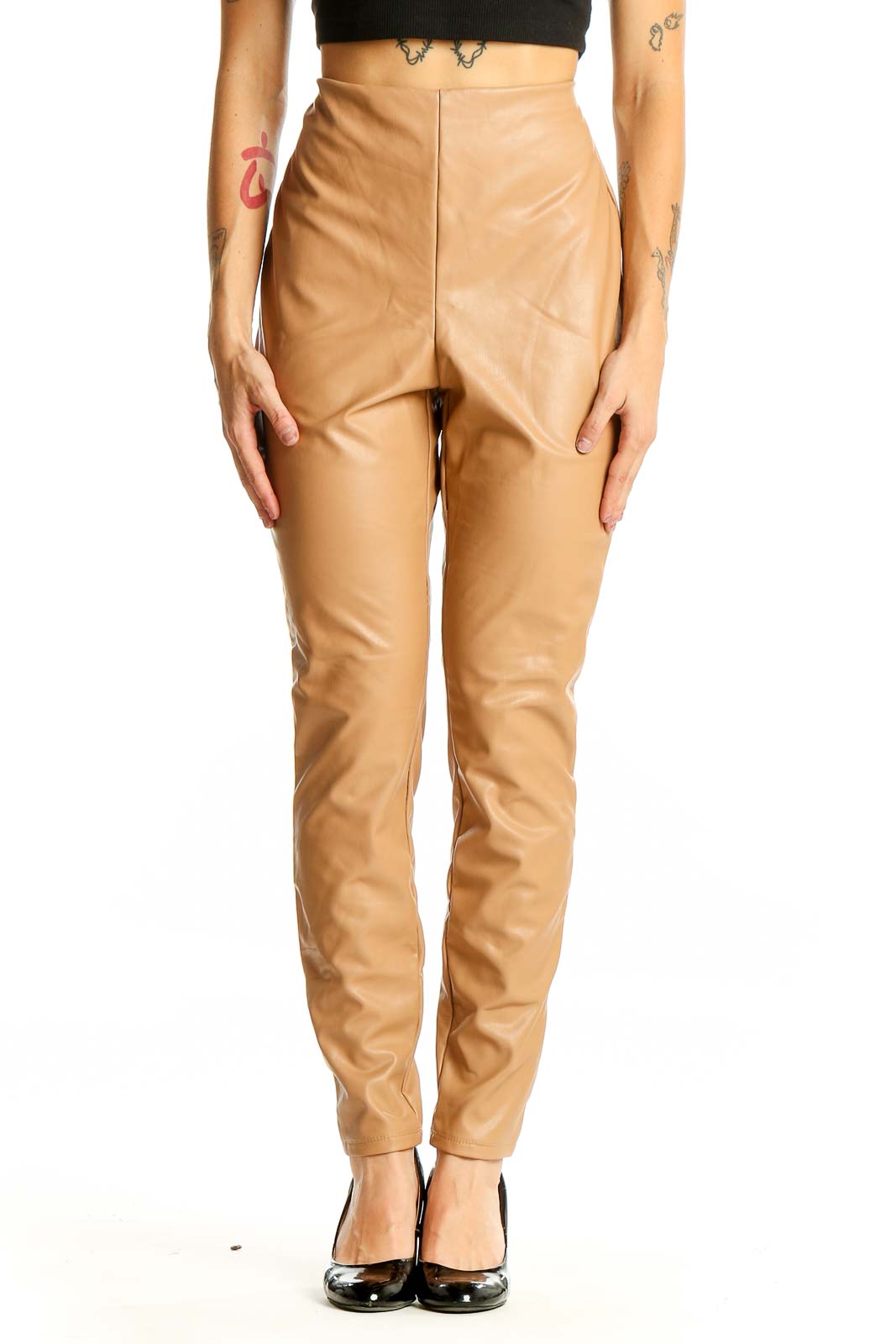 Tan High-Waisted Faux Leather Pants Front