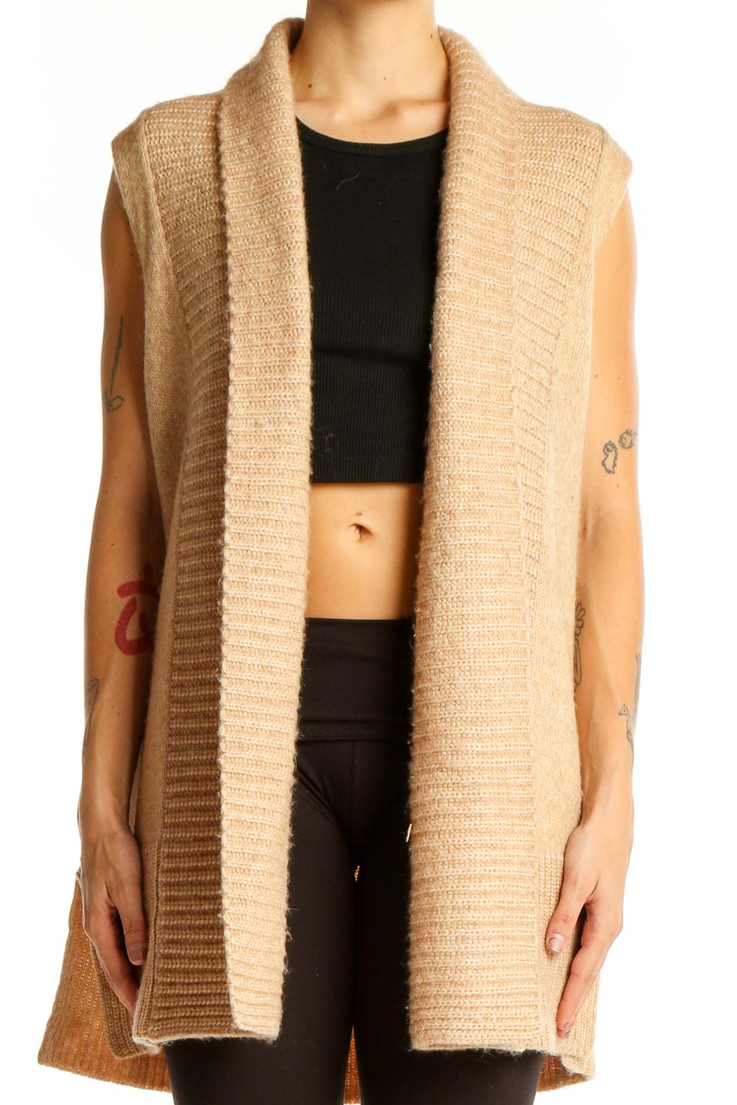 Beige Sleeveless Knit Cardigan Vest Front