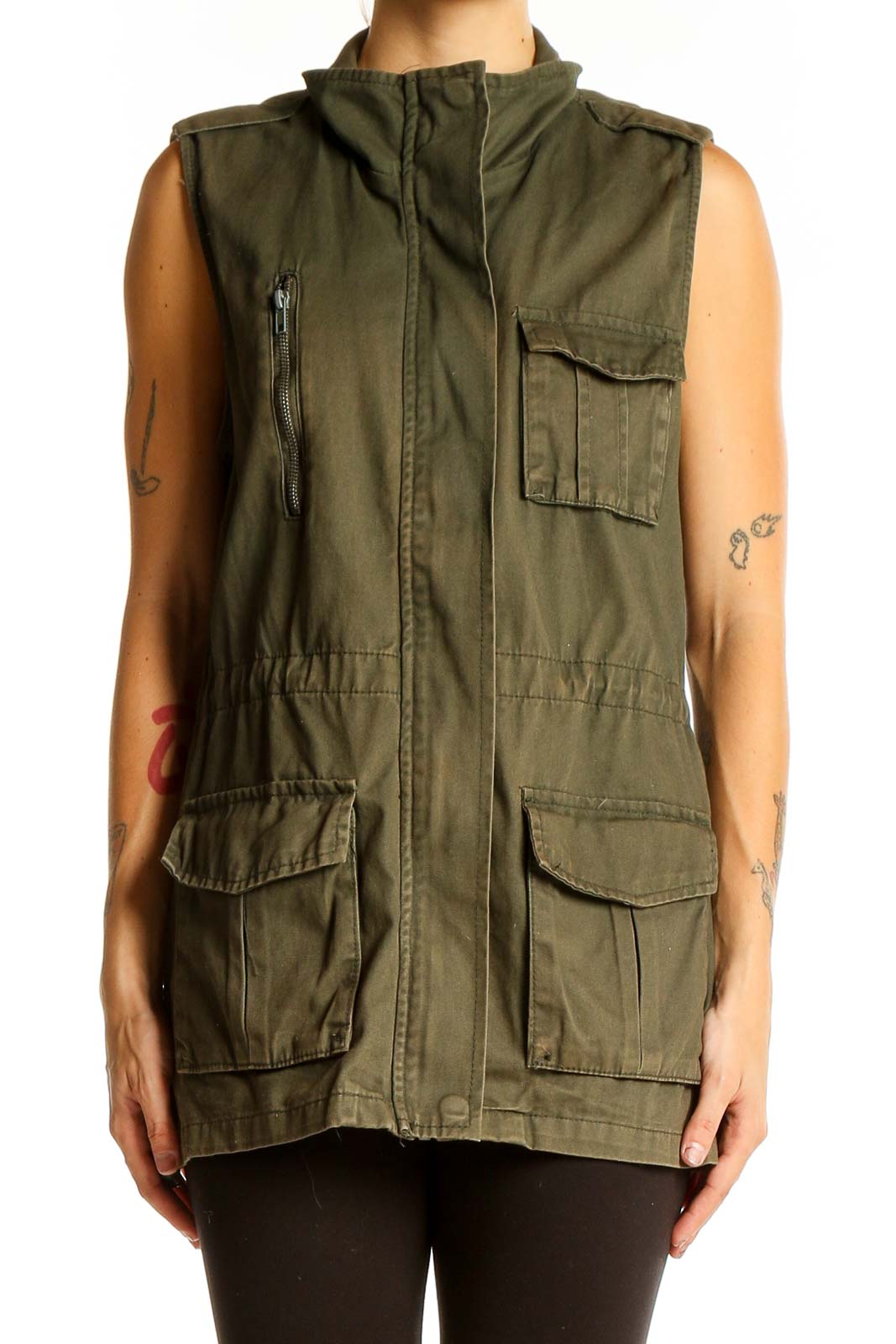 Olive Green Cotton Utility Vest Front