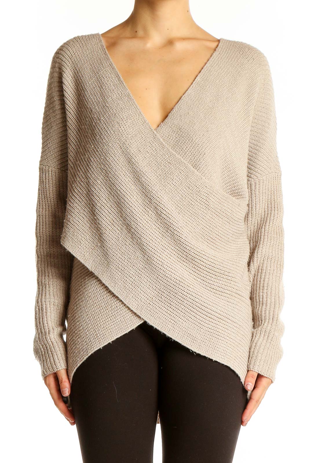 Beige Wrap-Style Oversized Knit Sweater Front