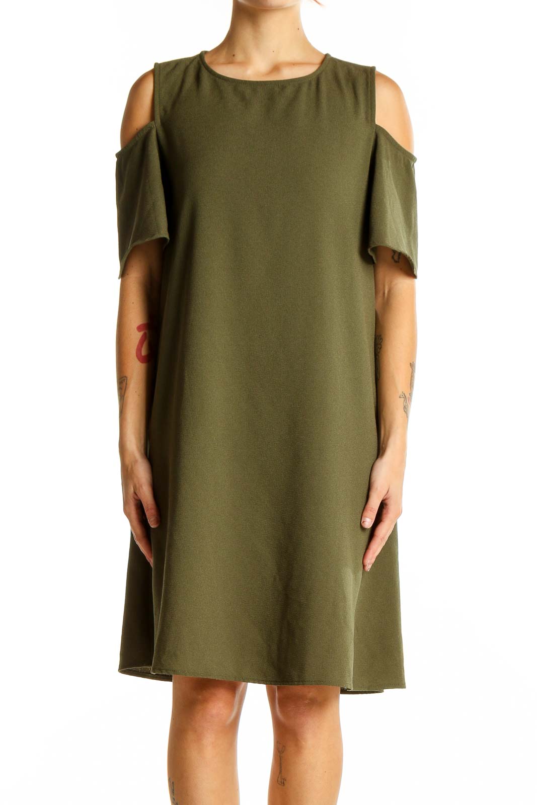 Olive Cold Shoulder A-Line Dress Front