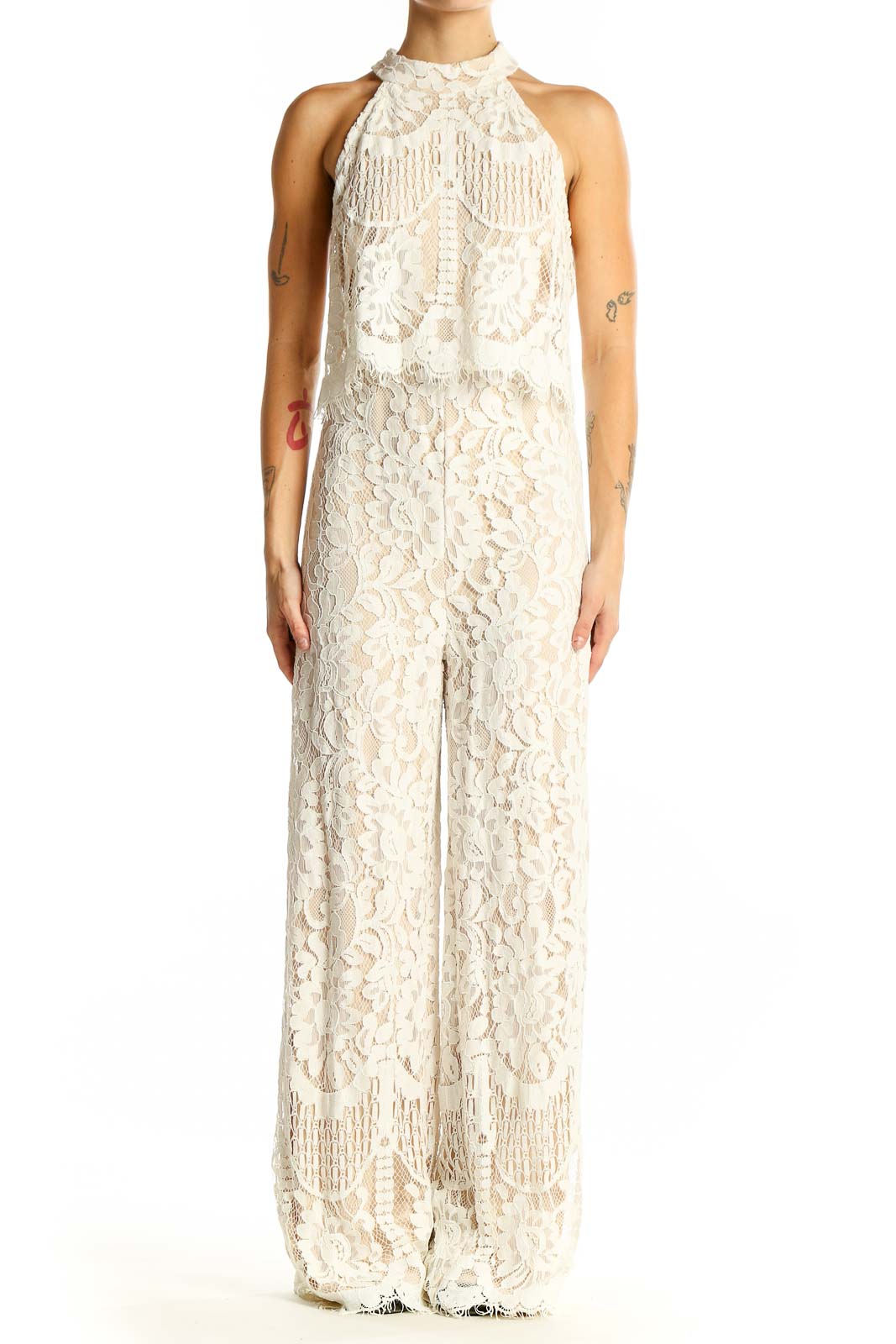 Ivory Lace Halter Neck Jumpsuit Front
