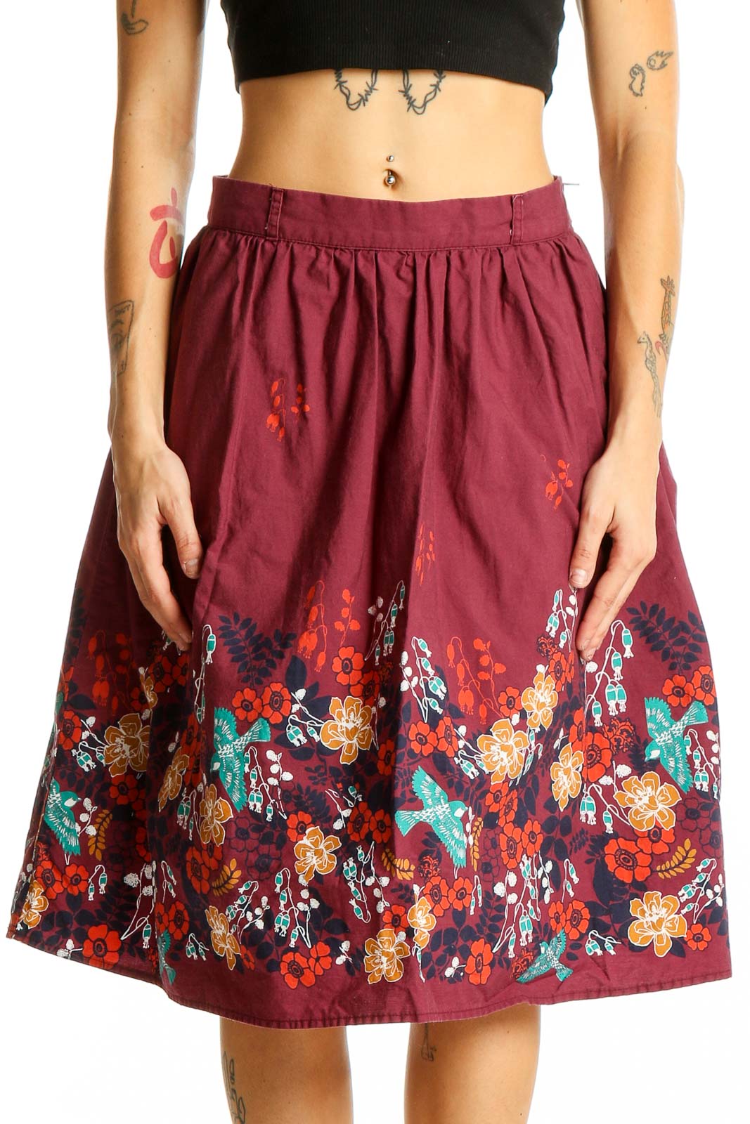 Burgundy Floral Print Cotton Skirt Front
