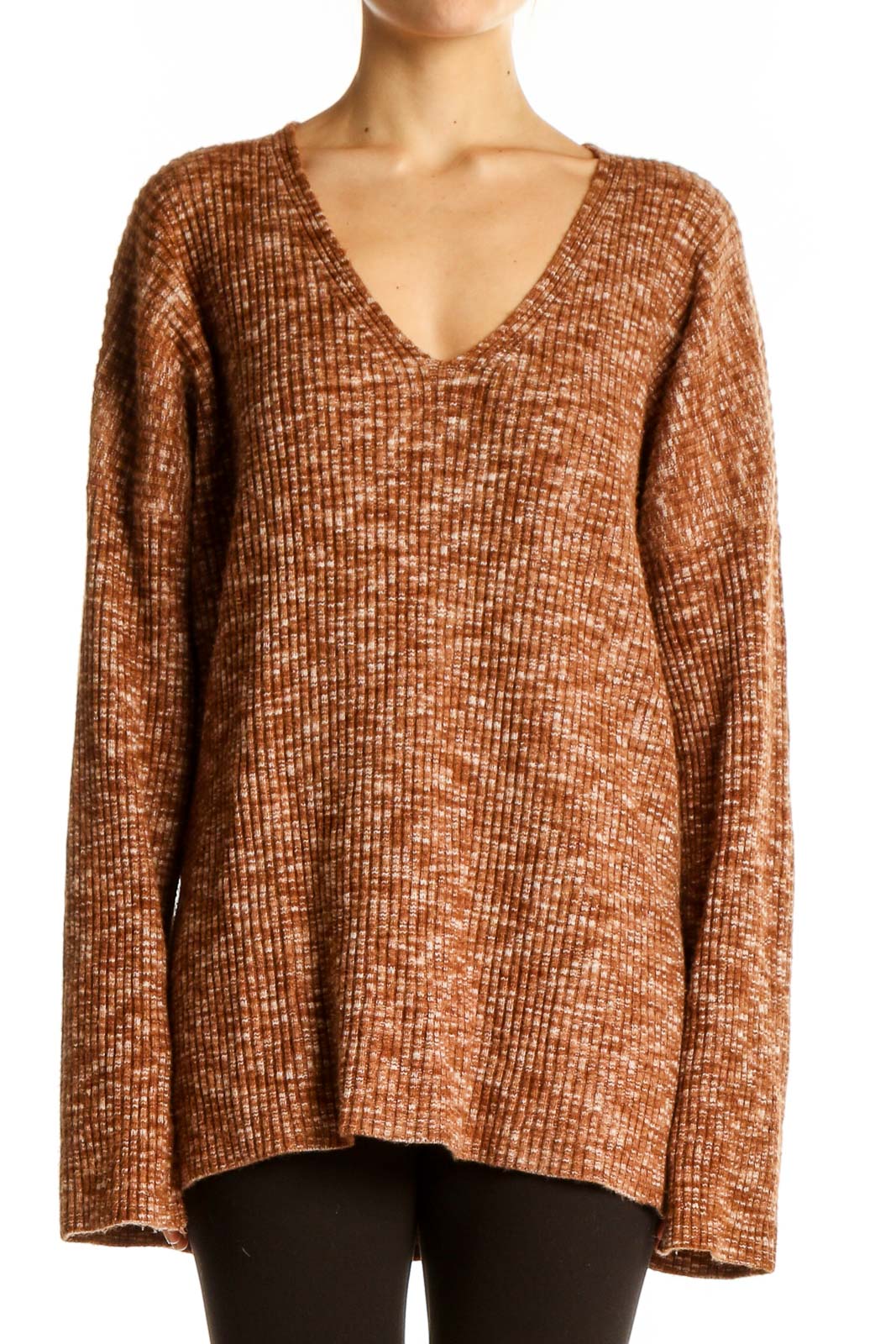 Brown Ribbed V-Neck Oversized Sweater Front
