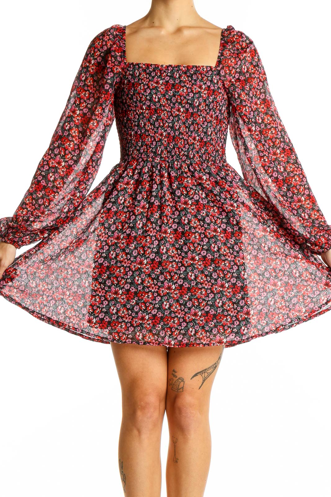 Red Floral Smocked Mini Dress Front