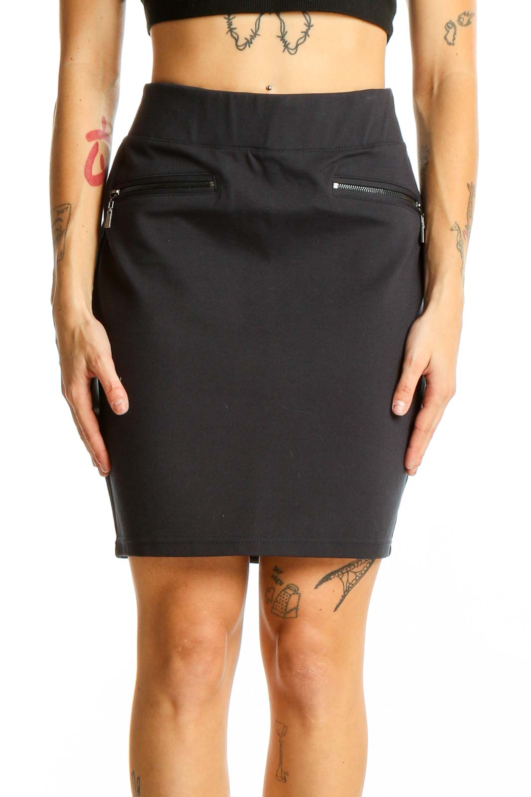 Black Fitted Pencil Skirt with Zipper Details Front